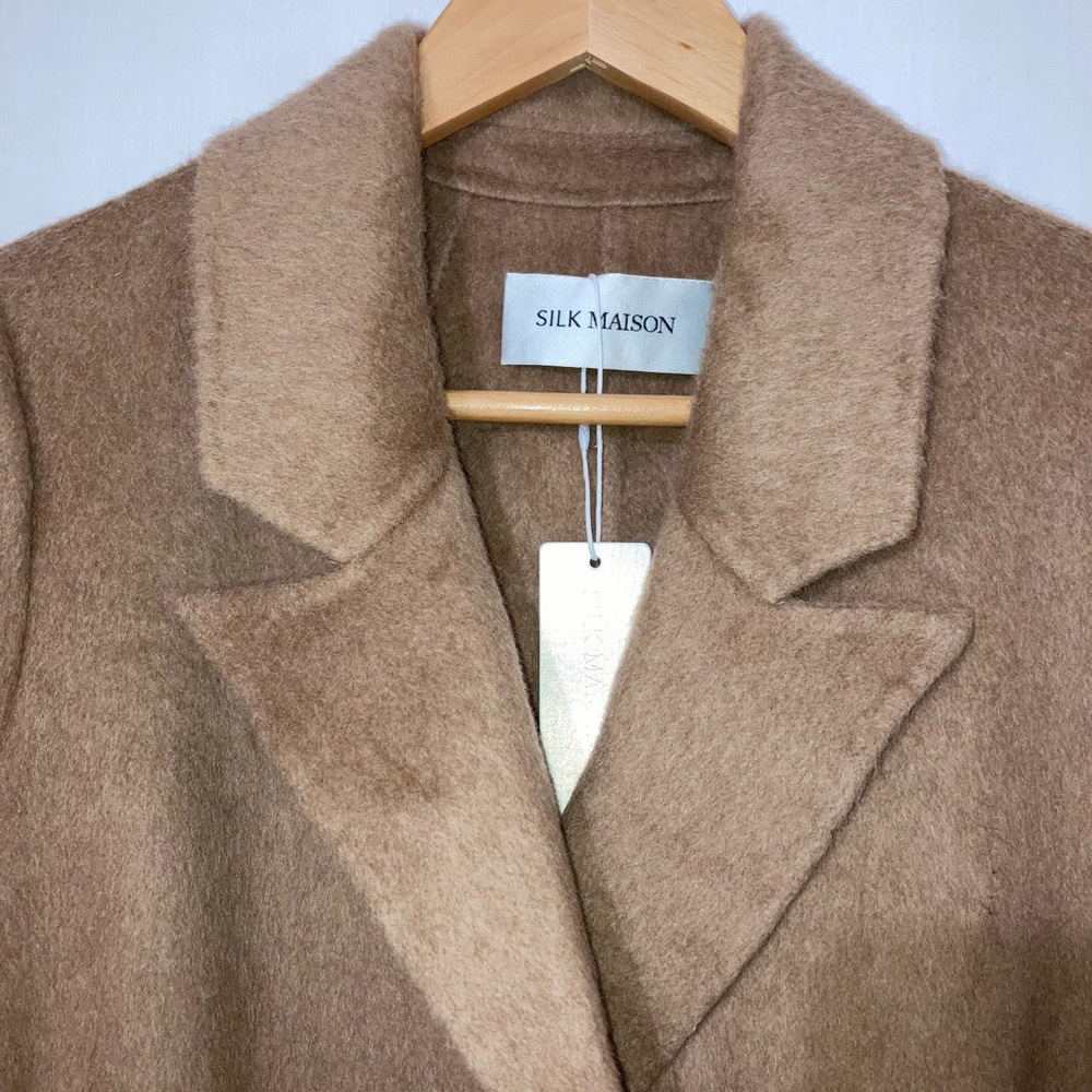 NWT Silk Maison Double-Breasted Camel Hair Maxi Trench Coat In Tan Sz Large - Picture 8 of 15